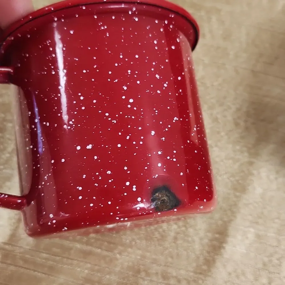 Red Enamel Ware Speckeled Metal Bowls and Cups